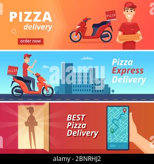 Food pizza delivery. Postal courier deliver man ride on bike vector character in cartoon style Stock Vector