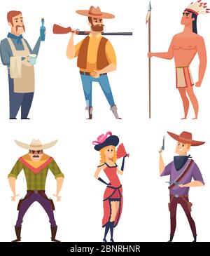 Cowboys western. Wildlife country characters with horses vector cartoon cliparts Stock Vector