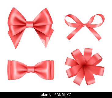 Bow realistic. Holiday decoration colored bow with satin ribbons vector 3d pictures set Stock Vector