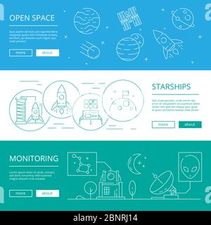 Space banners. World univerce discovery moon planets rocket and astronauts with alien satelite vector compositions Stock Vector