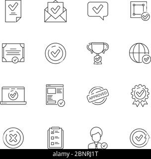 Approved icons set. Checked compliance inspection tools simple lines vector symbols Stock Vector