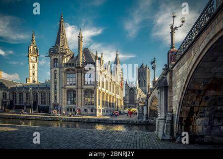 Europe, Belgium, Ghent, city, downtown, old town, Michaelis Bridge, Sint-Michielsbrug Bridge, Post Plaza Tower Stock Photo