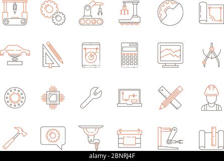 Engineering colored icon. Production support software mechanical work electronical and technician tools vector thin line symbols Stock Vector