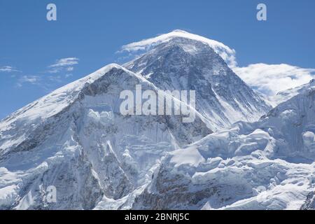 Mount Everest with Clouds on Top. Himalaya Mountain Range. Nepal. Stock Photo