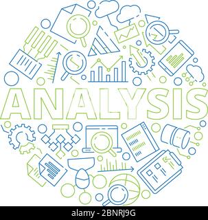 Data management concept. Data analysis symbols in circle shape business strategy graphics vector thin icon collection Stock Vector