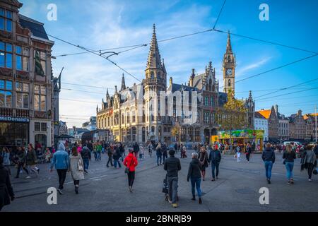 Europe, Belgium, Ghent, city, old town, Korenmarkt, post office, Post Plaza Tower Stock Photo