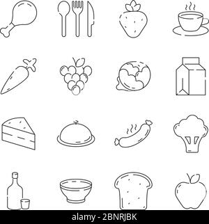 Food icon. Cuisine products menu and kitchen items vegetables fruits bread vector thin line pictures Stock Vector