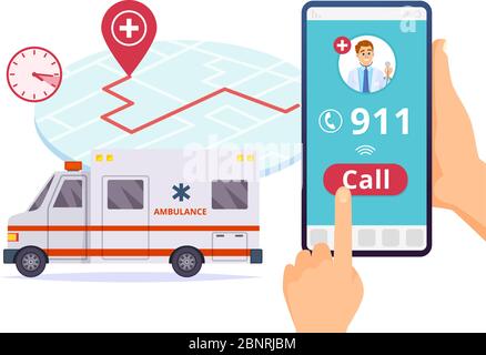 Ambulance service. Urgent 911 hospital emergency call vector concept Stock Vector