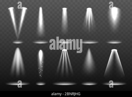 White realistic lights. Shining spotlight projection bright lightning stage vector environment visualization Stock Vector