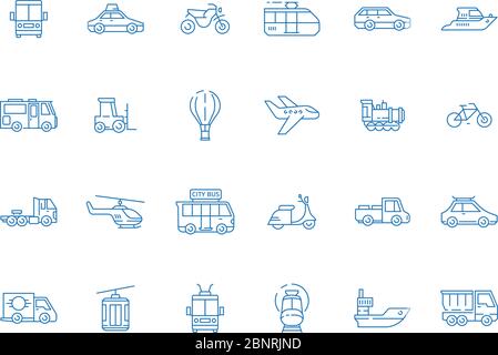 Urban vehicle icons. City transport planes boat cars boats truck vector thin line pictures set Stock Vector