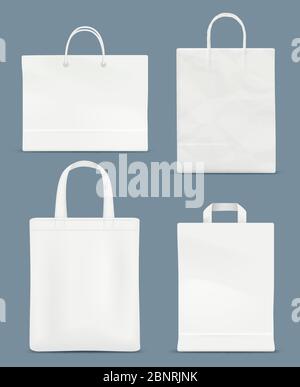 Shopping bag mockup. Paper handle plastic paper bag vector realistic blank template isolated Stock Vector