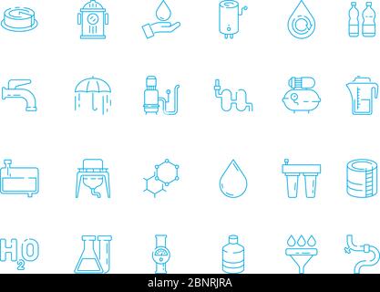 Water treatment. Purifier container filter tank glass clean fresh liquid water dispenser vector outline symbols Stock Vector