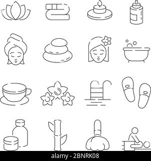 Spa icon set. Wellness therapy massage woman relaxing sauna pool with flowers candles and stones vector thin symbols Stock Vector