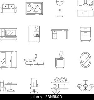 Furniture icon. Desk office and home chair table bed workplace tools for room vector thin line symbols Stock Vector