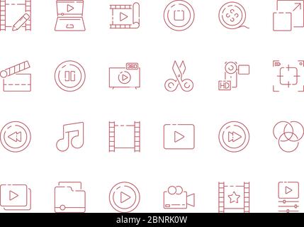 Editing video. Digital film production audio camera multimedia tools vector outline symbols isolate Stock Vector