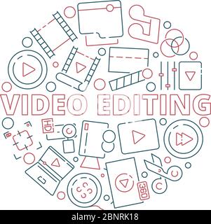 Movie circle background. Film cinema production items in round shape tv equipment multimedia clapper vector conceptual picture Stock Vector