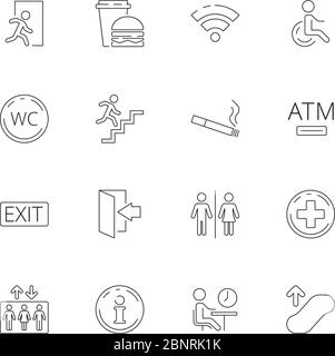 Public navigate symbols. Toilet person food place shapes internet food elevator vector thin line icon Stock Vector