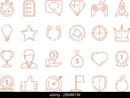 Gamification symbols. Business achievements rules for gamers competitive managers working playing vector icon Stock Vector