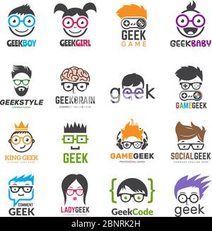 Geek logotypes. Identity for smart kids computer programmers educational vector design Stock Vector