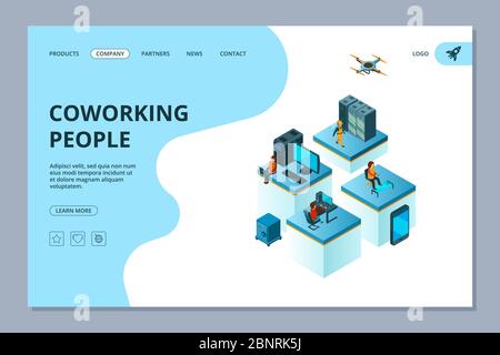 Coworking landing. Web page design template business people team building managers meeting and brainstorming vector isometric Stock Vector