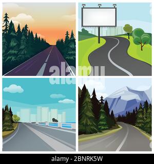 Road to town. Outside highway street scenic different types of city road vector landscape Stock Vector