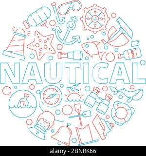 Marine concept. Nautical pictures fish boat sea captain yacht circle shape with marine symbols vector background Stock Vector