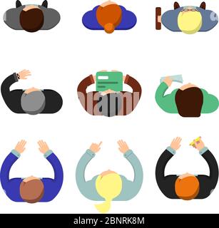 Office people top view. Working managers women and men sitting at the table lifestyle vector flat characters Stock Vector
