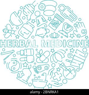 Alternative medicine concept. Herbal natural medical practice vitamin homeopathy vector symbols in circle shape Stock Vector