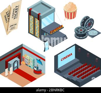 Cinema stage isometric. Inside interior of movie hall entertainment illustrations cinema ticket red curtains vector Stock Vector