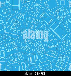 Household electronics pattern. Home modern appliances kitchen objects refrigerator microwave kettle computer tv vector seamless Stock Vector