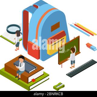 Backpack isometric. School stationary items education happy people college bag vector concept Stock Vector
