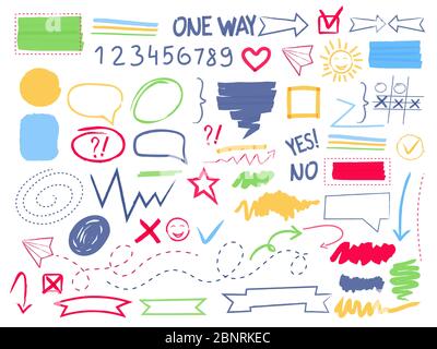 Marker highlight. Pen coloring scribble selection arrows frames and borders oval circle square vector shapes Stock Vector