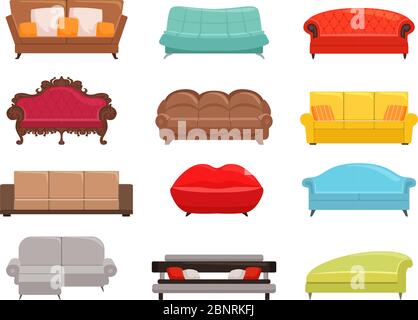Sofa collection. Comfortable couch and sofa-bed set, interior fashion sofas furniture, house modern canaps vector colored illustration Stock Vector