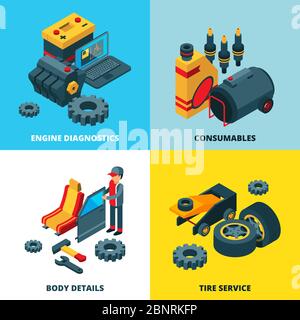 Car parts collection. Engine automobile wheels accumulator transmission gears vector isometric pictures Stock Vector