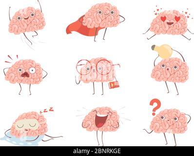 Brain characters. Cartoon mascot making different sport exercises brain activities vector pictures Stock Vector