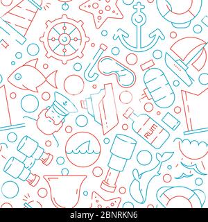 Marine pattern. Sea ocean nautical symbols yacht sailing boat captain fish vector seamless background Stock Vector