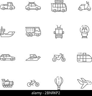 Public transport icons. Cars planes trains boats urban vehicles thin line collection symbols Stock Vector