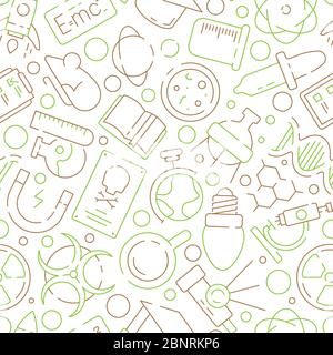 Science pattern. Physics or chemical experiment scientific industry lab equipment symbols vector seamless background Stock Vector