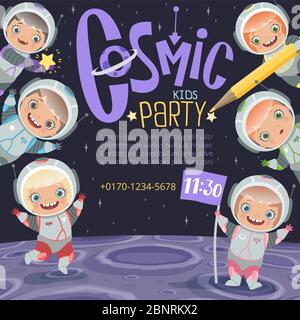 Kids party invitation. Astronauts childrens cartoon space background with place for text vector Stock Vector