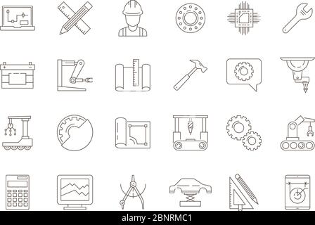 Engineering symbols. Manufacturing civil chip mechanical electrical tools vector thin line icon collection Stock Vector