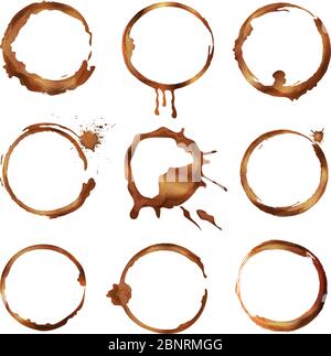 Coffee cup rings. Dirty splashes and drops of tea or coffee vector circle shapes Stock Vector