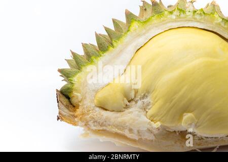 The Close up peeled Durian for eat isolated on white background, the famous fruit from Thailand, it also known as The King of Fruits. Stock Photo