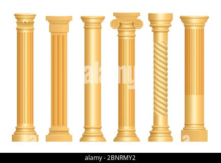 Golden antique column. Classic roman pillars architectural art sculpture pedestal vector realistic Stock Vector