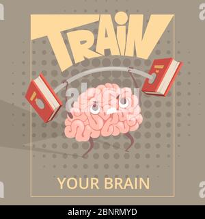 Sport brain poster. Cartoon mind making exercises power training vector placard Stock Vector