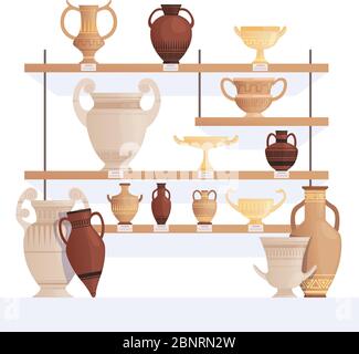 Old jug on shelves. Antique vessel in museum history clay cups and amphoras vector cartoon concept Stock Vector