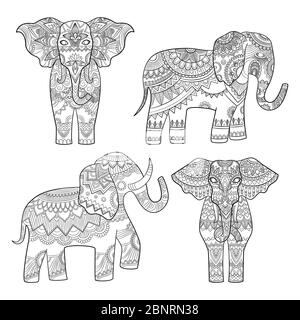 Elephant decorative pattern. Indian motif tribal royal design for adults colored pages vector illustrations Stock Vector