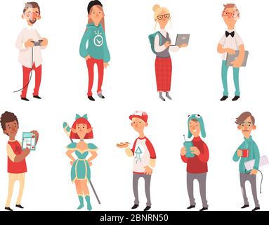 Young nerds. Smart teen geeks boys and girls teenagers technology lovers vector characters Stock Vector