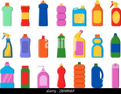 Chemical clean bottles. Detergent sanitary laundry cleaner service containers antiseptic vector flat pictures Stock Vector