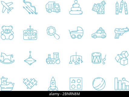 Games for kids icon. Soft play toys bear horse soldiers plastic cars vector thin line symbols Stock Vector