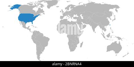 Taiwan, USA map highlighted blue on world map. Gray background. Perfect for business concepts, backgrounds, backdrop, poster, sticker, banner, label a Stock Vector